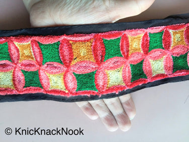 Black Fabric Trim With Green, Pink, Red And Yellow Square And Circle Pattern Thread Embroidery Trim